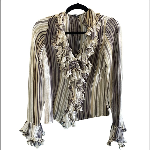 Grege Stripe Romantic Ruffle Sheer Blouse - Picture 1 of 7